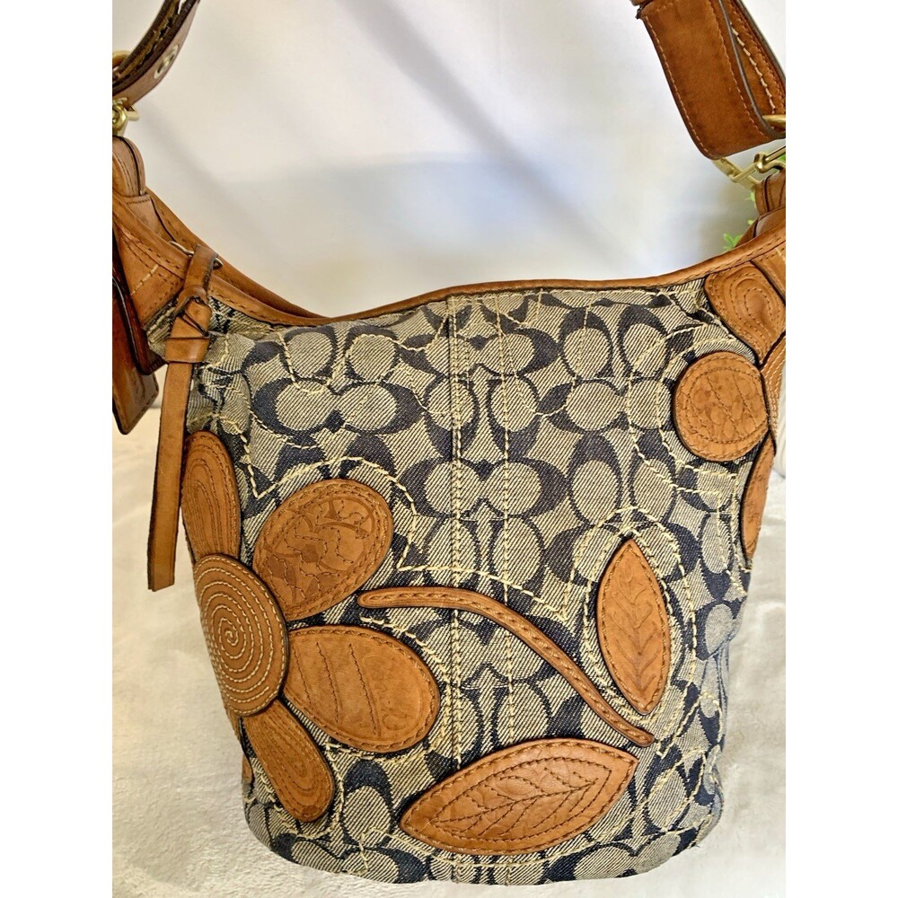 COACH Bleecker Denim 11781 Vachetta Leather Floral Applique Duffle Bag RARE - Picture 9 of 17